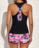 Emoswimsuit - Pink Palm 3 Piece Tank Bathing Suits With Shorts And Racer back Sports