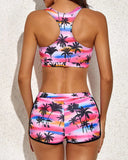 Emoswimsuit - Pink Palm 3 Piece Tank Bathing Suits With Shorts And Racer back Sports