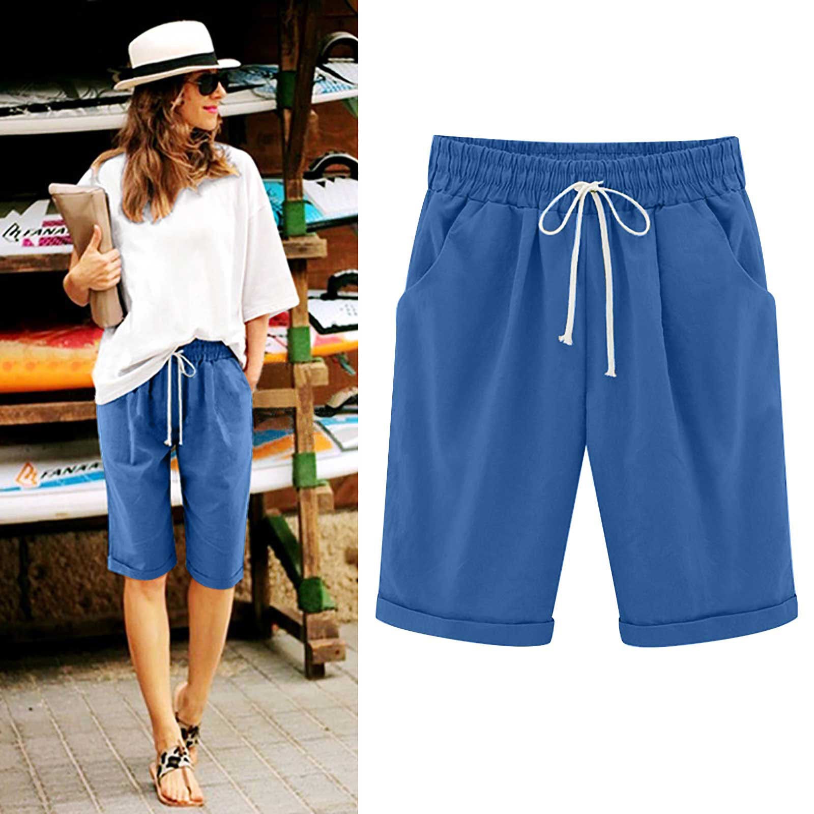 Emoswimsuit - Women's Elastic Waist Knee Length Casual Cotton Bermuda Shorts with Drawstring
