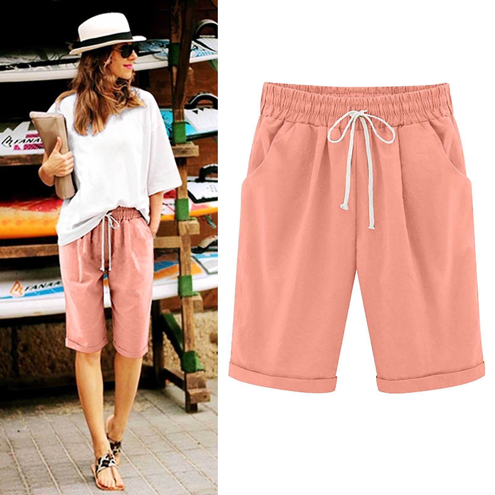 Emoswimsuit - Women's Elastic Waist Knee Length Casual Cotton Bermuda Shorts with Drawstring