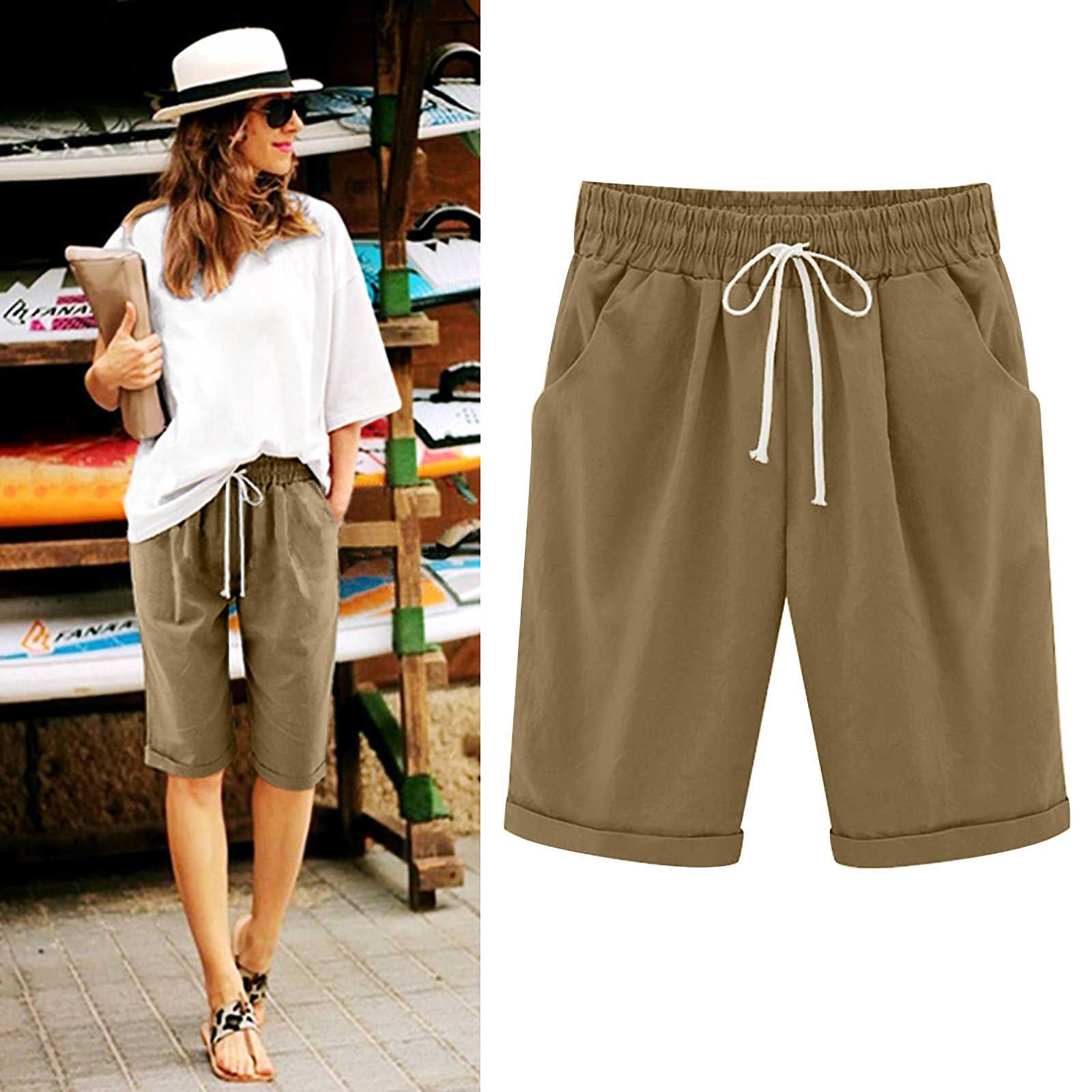 Emoswimsuit - Women's Elastic Waist Knee Length Casual Cotton Bermuda Shorts with Drawstring