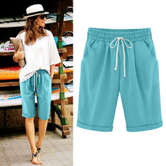 Emoswimsuit - Women's Elastic Waist Knee Length Casual Cotton Bermuda Shorts with Drawstring