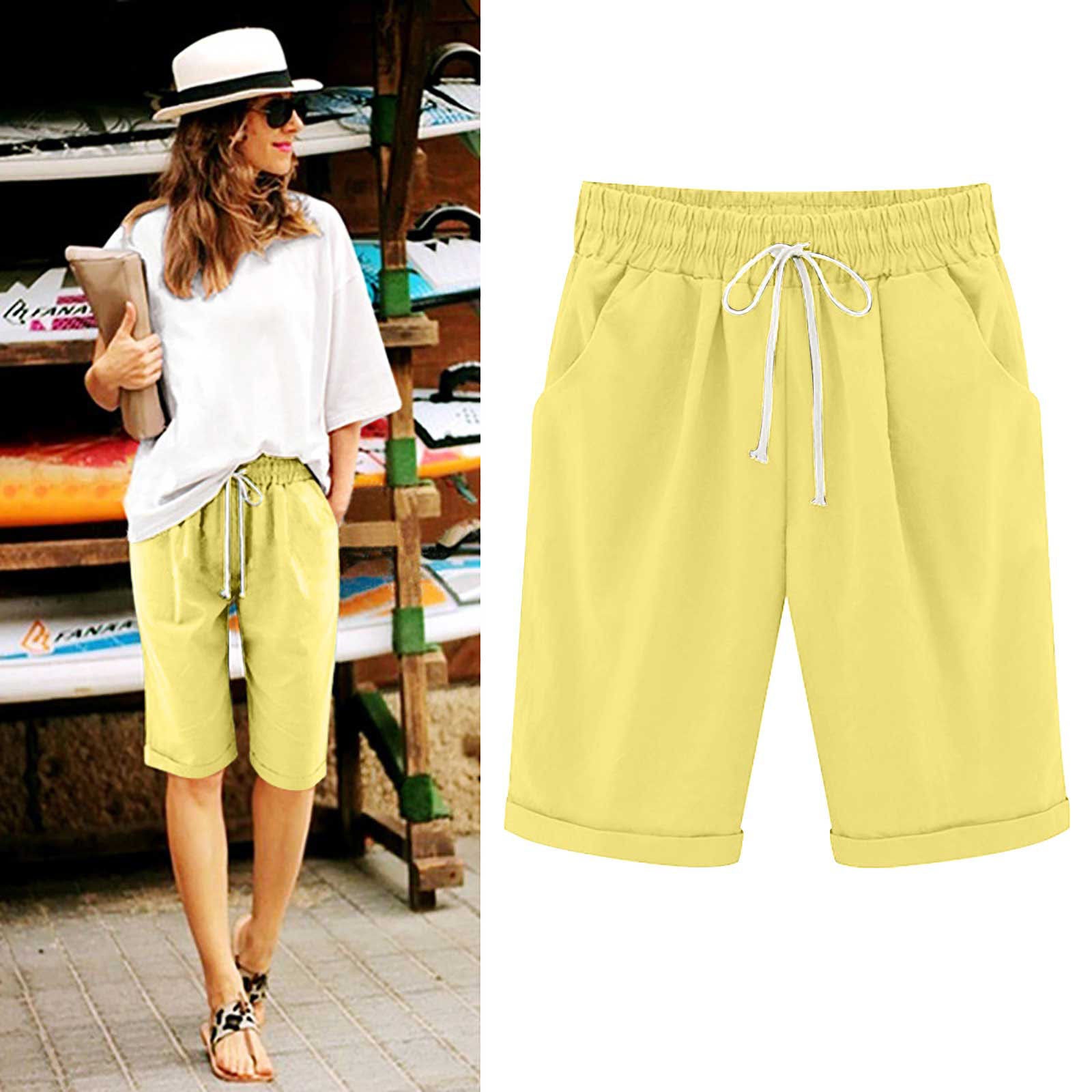 Emoswimsuit - Women's Elastic Waist Knee Length Casual Cotton Bermuda Shorts with Drawstring