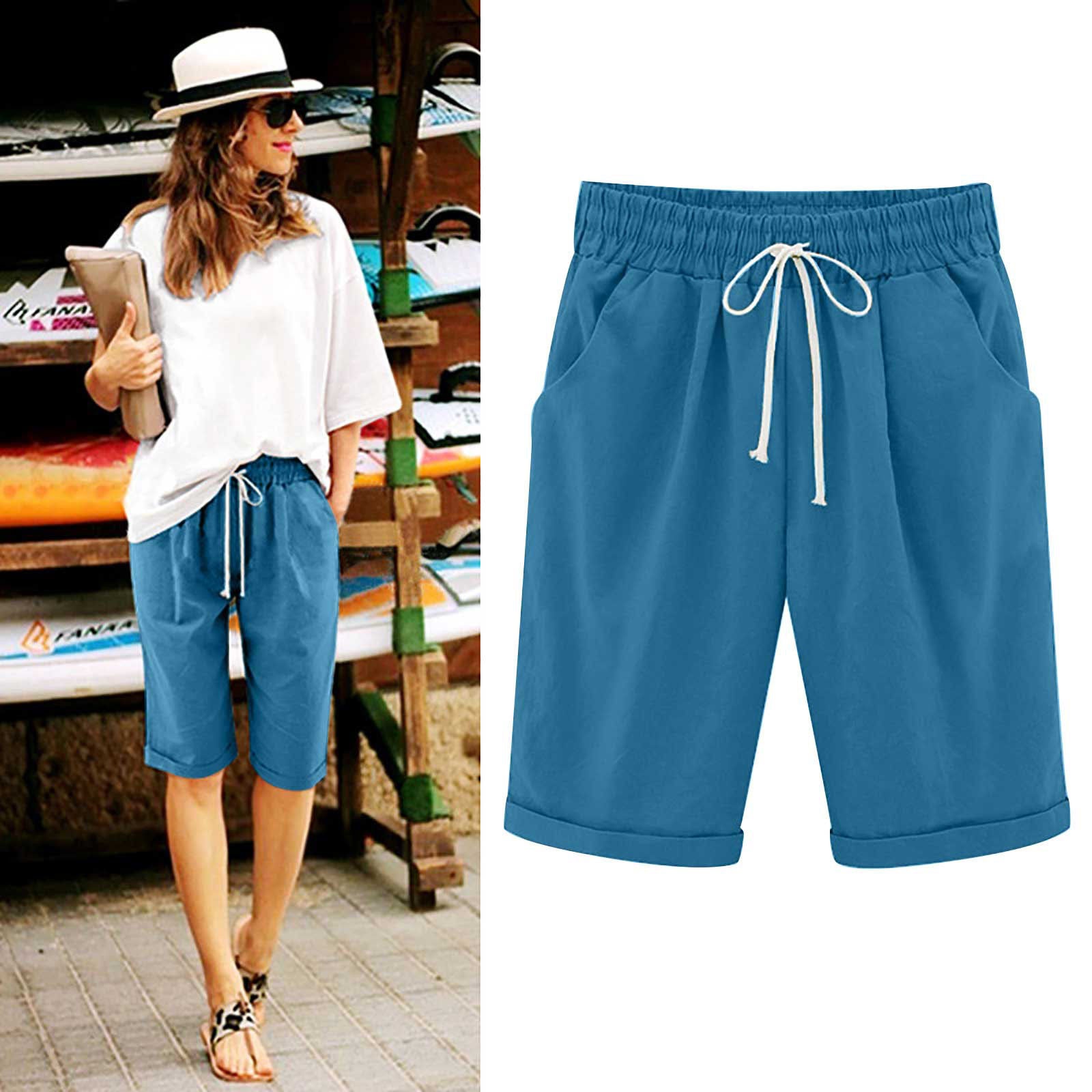 Emoswimsuit - Women's Elastic Waist Knee Length Casual Cotton Bermuda Shorts with Drawstring