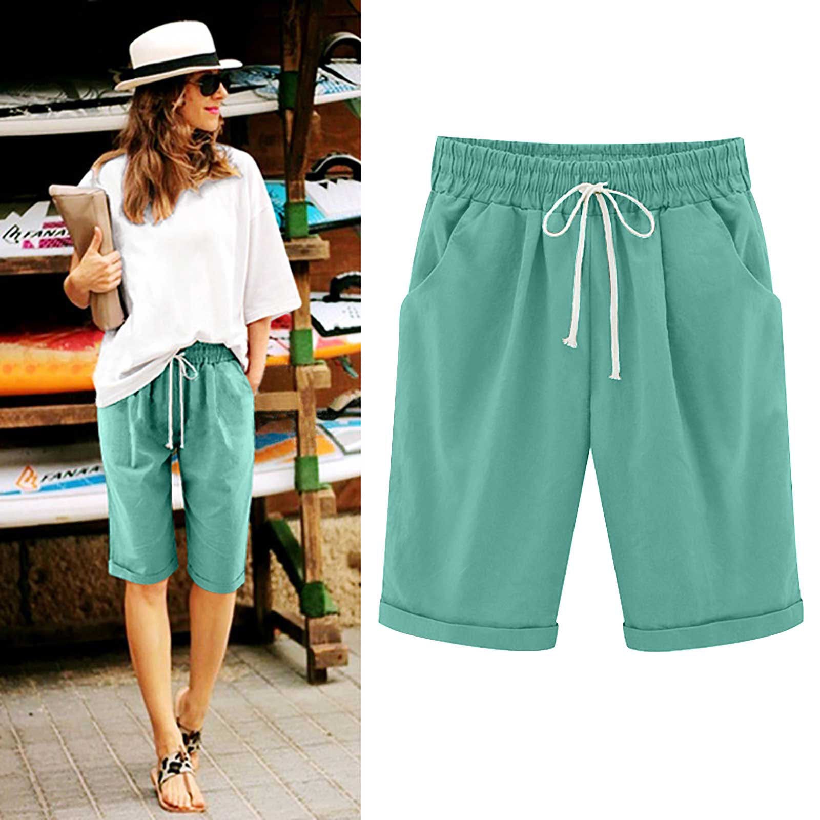 Emoswimsuit - Women's Elastic Waist Knee Length Casual Cotton Bermuda Shorts with Drawstring