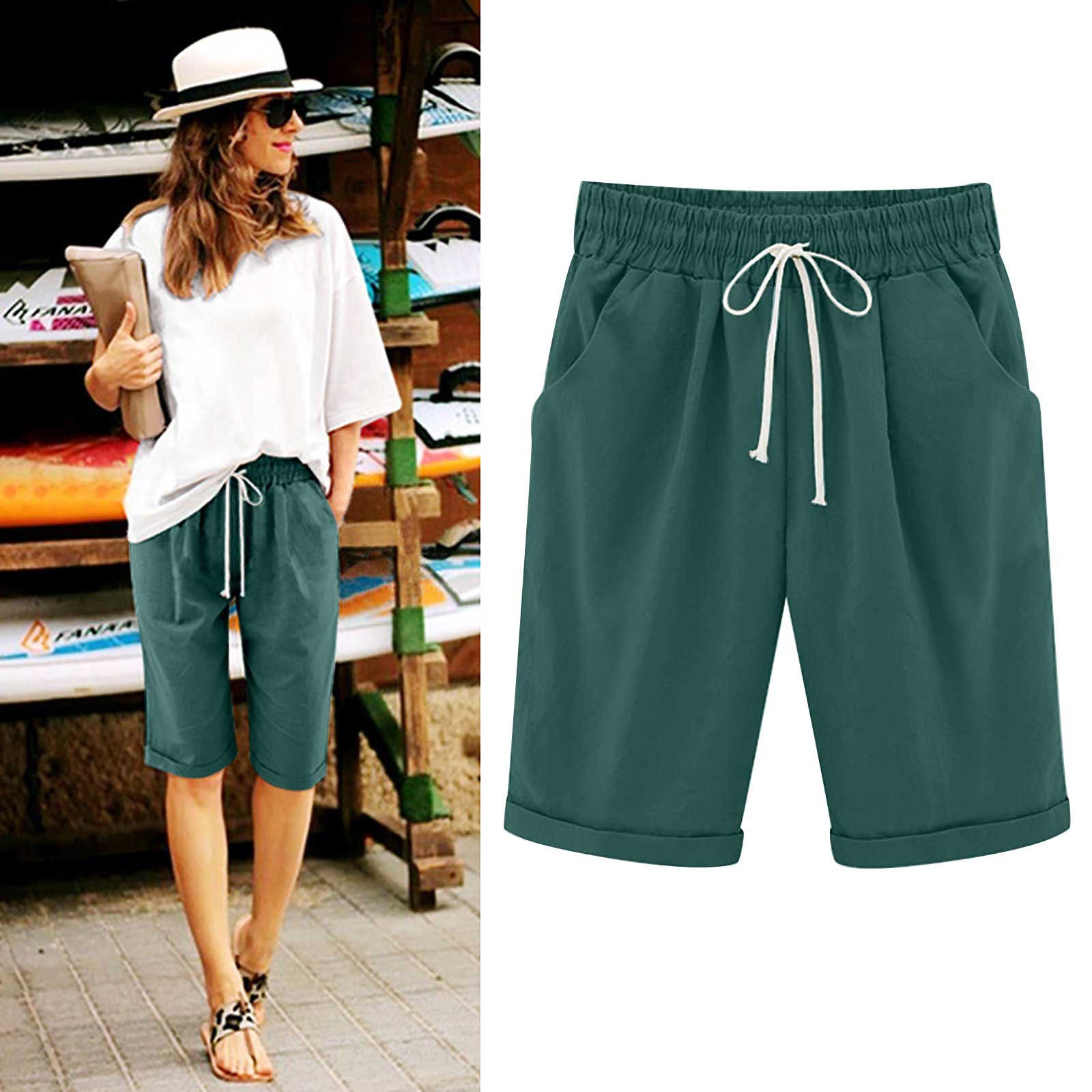 Emoswimsuit - Women's Elastic Waist Knee Length Casual Cotton Bermuda Shorts with Drawstring