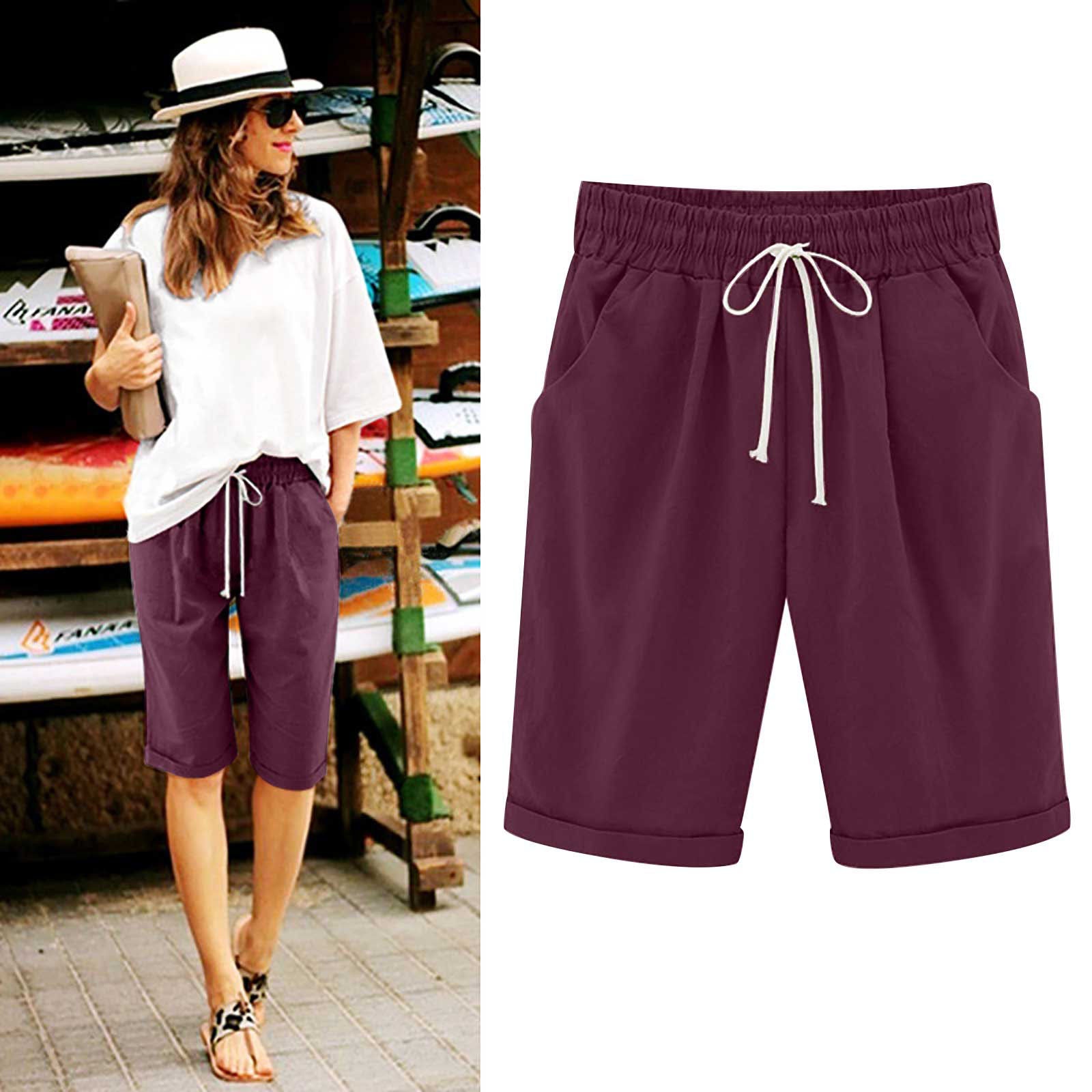 Emoswimsuit - Women's Elastic Waist Knee Length Casual Cotton Bermuda Shorts with Drawstring