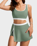 Emoswimsuit - Sporty Color Block Side Slit Skirted Bikini Set