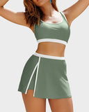 Emoswimsuit - Sporty Color Block Side Slit Skirted Bikini Set