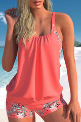Emoswimsuit - Plant Print Coral Red Blouson Tankini Set