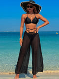 Emoswim - Womens 3 Piece Bikini Sets with Mesh Cover Up Pants Halter Cheeky Thong Swimsuits Sexy Bathing Suits