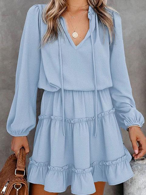 Emoswimsuit - Solid Color Puff Long Sleeve Mini Dress