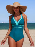 Emoswim - Womens Crisscross Back One Piece Swimsuit Color Block Bathing Suits Tummy Control Push Up V Neck Swimwear