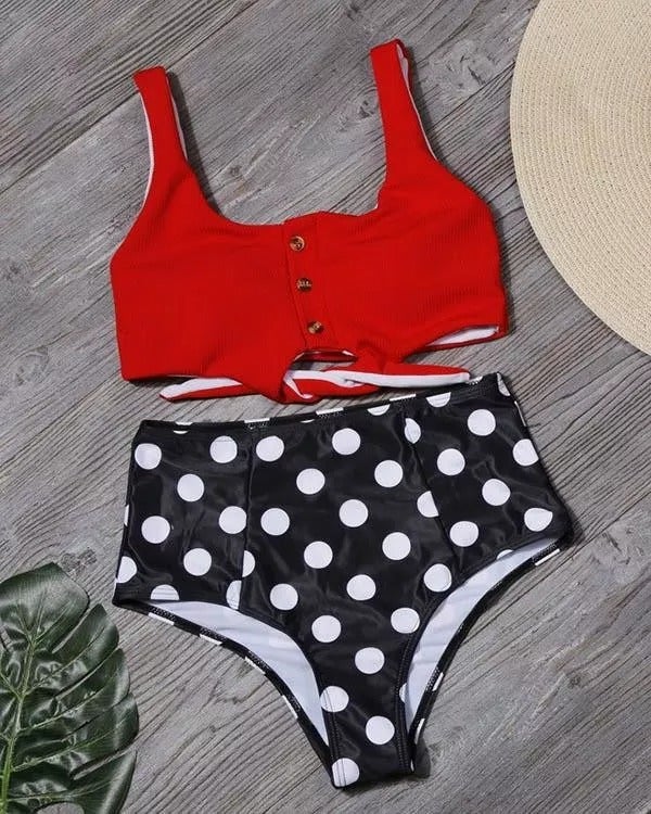 Emoswimsuit - Tie Front Leaf Print High Waist Bikini Set