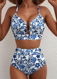 Emoswim - Summer Two Piece Bikini Set U-Wire Cutout High Waisted Swimsuit-Blue Floral