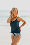 Emoswim - Tie Front Blouson Swim Tankini In Navy Blue